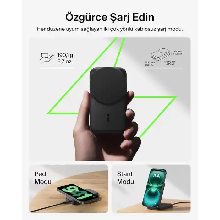 Belkin UltraCharge MagSafe Uyumlu 3’ü 1 Arada Qi2 25W Kablosuz Şarj Cihazı, iPhone 17, Apple Watch, AirPods, Pixelsnap, Dönüştürülebilir Masaüstü Standı, 45W Adaptör, Siyah