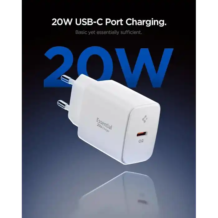 Spigen 20W USB-C Mini Hızlı Şarj Aleti/Şarj Isısını Düşürür GaN Pro Akım Korumalı Güç Adaptörü iPhone & Android & iPad Type-C EE201 White - ACH08701