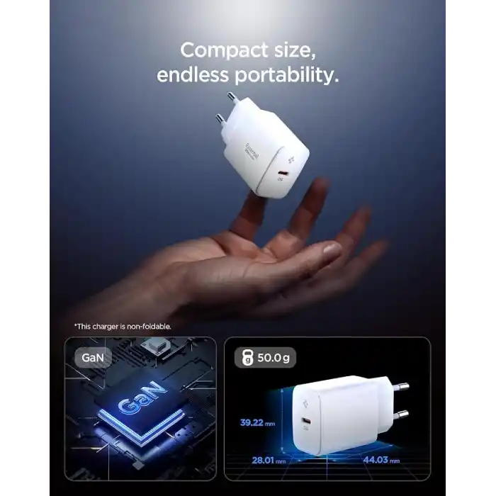 Spigen 20W USB-C Mini Hızlı Şarj Aleti/Şarj Isısını Düşürür GaN Pro Akım Korumalı Güç Adaptörü iPhone & Android & iPad Type-C EE201 White - ACH08701