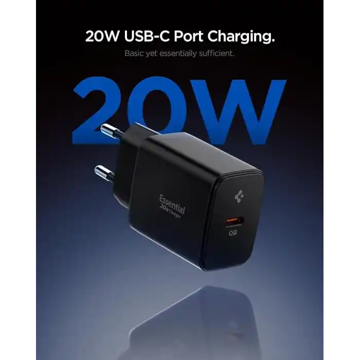 Spigen 20W USB-C Mini Hızlı Şarj Aleti/Şarj Isısını Düşürür GaN Pro Akım Korumalı Güç Adaptörü iPhone & Android & iPad Type-C EE201 Black - ACH09217