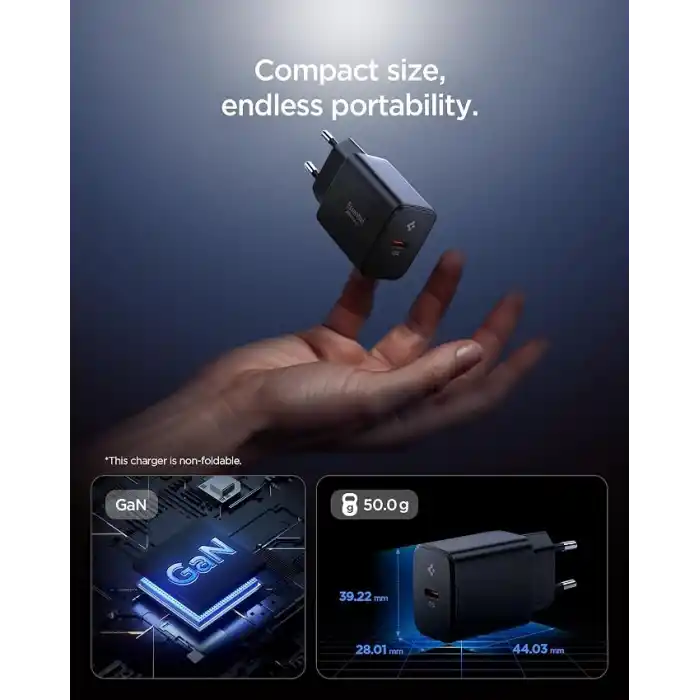Spigen 20W USB-C Mini Hızlı Şarj Aleti/Şarj Isısını Düşürür GaN Pro Akım Korumalı Güç Adaptörü iPhone & Android & iPad Type-C EE201 Black - ACH09217