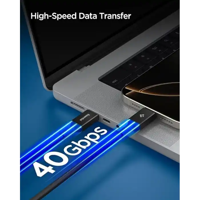 Spigen USB-C to USB-C 1.2 Metre Kablo 240W Güç/PPS 2.0 Super Hızlı Şarj / 40Gbps (E-Marker Çip) Data / 8K Görüntü Aktarım / USB4 Gen3 Type-C Ekstra Dayanıklı Black - ACA09461