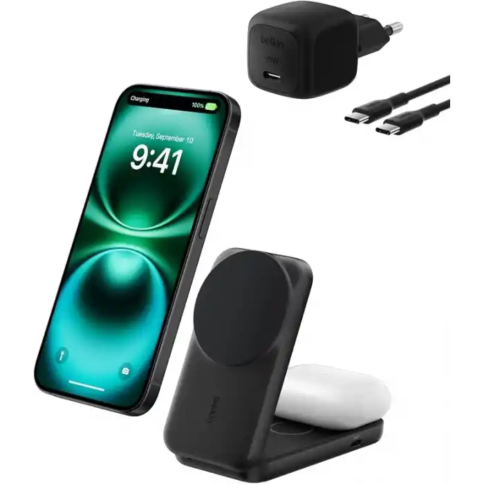 Belkin UltraCharge MagSafe Uyumlu 2’si 1 Arada Qi2 25W Kablosuz Şarj İstasyonu, iPhone 17, AirPods, Pixelsnap, Dönüştürülebilir Masaüstü Standı, USB-C Portlu, 45W Adaptör, Siyah
