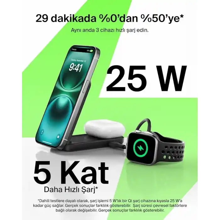 Belkin UltraCharge MagSafe Uyumlu 2’si 1 Arada Qi2 25W Kablosuz Şarj İstasyonu, iPhone 17, AirPods, Pixelsnap, Dönüştürülebilir Masaüstü Standı, USB-C Portlu, 45W Adaptör, Siyah