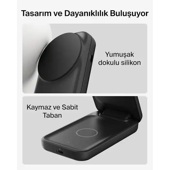 Belkin UltraCharge MagSafe Uyumlu 2’si 1 Arada Qi2 25W Kablosuz Şarj İstasyonu, iPhone 17, AirPods, Pixelsnap, Dönüştürülebilir Masaüstü Standı, USB-C Portlu, 45W Adaptör, Siyah