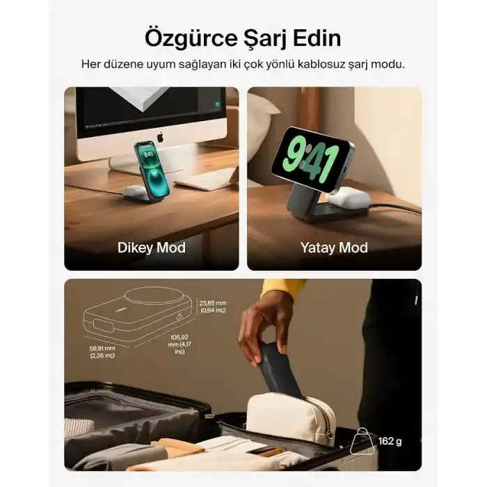 Belkin UltraCharge MagSafe Uyumlu 2’si 1 Arada Qi2 25W Kablosuz Şarj İstasyonu, iPhone 17, AirPods, Pixelsnap, Dönüştürülebilir Masaüstü Standı, USB-C Portlu, 45W Adaptör, Siyah