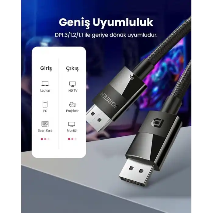 Ugreen 80391 8K 60 Hz Display Port To Display Port 1.4 Örgülü Kablo 1.5 Metre, Siyah