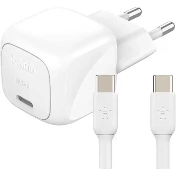 Belkin BoostCharge Kompakt Duvar Şarj Cihazı 30 W, Seyahat Dostu USB-C Power Delivery Hızlı Şarj, iPhone, Samsung Galaxy, iPad, AirPods, Tablet ve Daha Fazlası, USB-C’den USB-C’ye Kablo ile, Beyaz