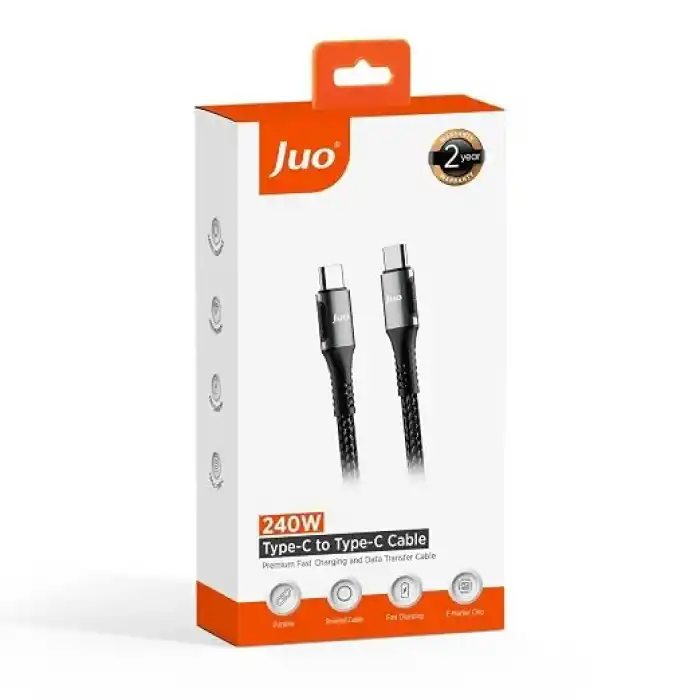 Juo 240W 5A E-Mark Çipli Örgülü USB PD Type-C to Type-C Hızlı Şarj ve Data Kablosu 2 Metre