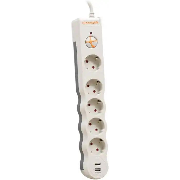 Tunçmatik Akım Korumalı 5li Priz Beyaz, 1050 Joule 2+ usb