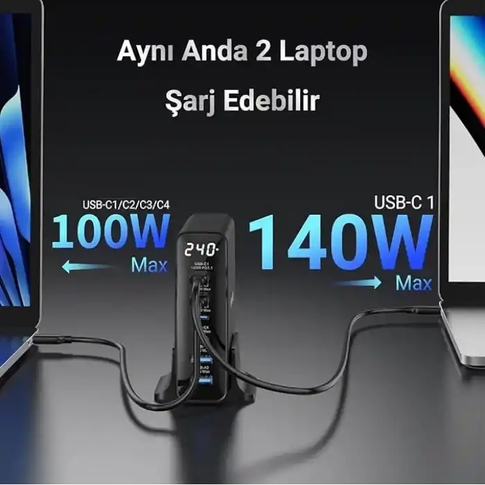 Juo 240W GaN PD 3.1 Masaüstü Hızlı Şarj Cihazı 4 Type-C + 2 USB-A iPhone & MacBook & Laptop Uyumlu Şarj Aleti