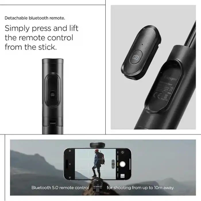 Spigen Kablosuz Bluetooth Selfie Çubuğu Uzaktan Kumandalı Tripod / 1.4 Metre Kolay Taşınabilir S541W Black - AMP09336