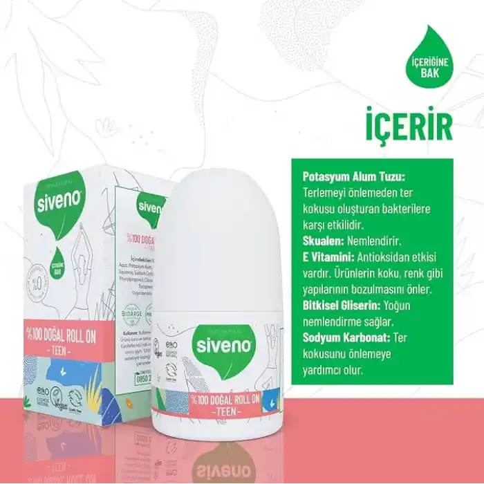Siveno%100 Doğal Roll On Teen Girl Genç Kız Deodorant Ter Kokusu Önleyici Bitkisel Leke Bırakmayan Vegan 50 ml