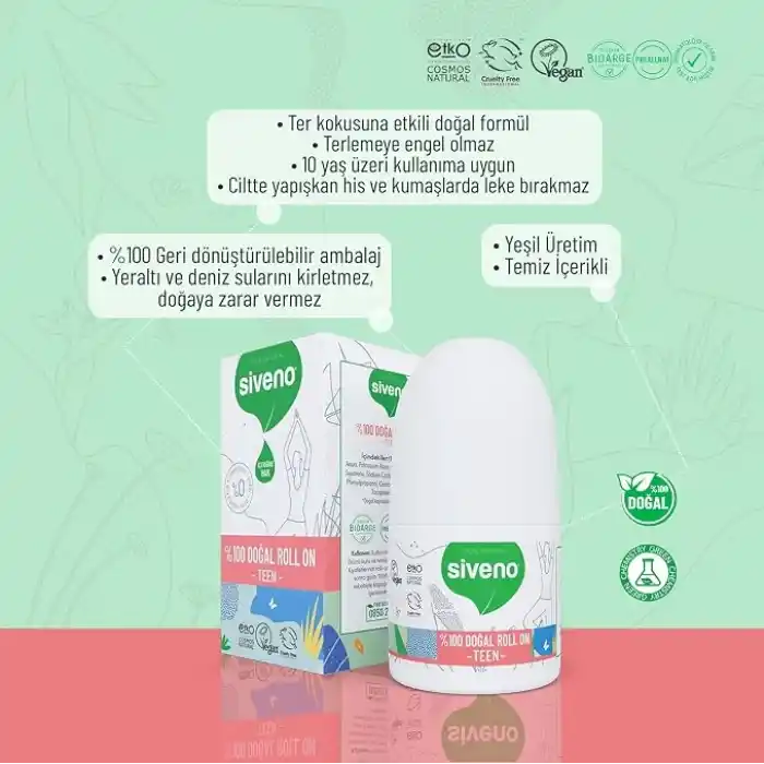 Siveno%100 Doğal Roll On Teen Girl Genç Kız Deodorant Ter Kokusu Önleyici Bitkisel Leke Bırakmayan Vegan 50 ml