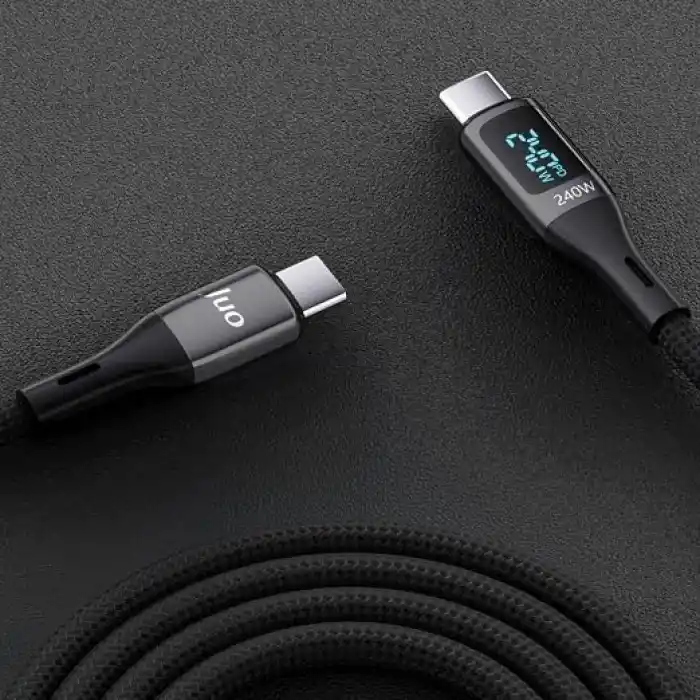 Juo 240W Dijital Led Ekranlı E-Mark Çipli PD 3.1 USB Type-C to Type-C Hızlı Şarj ve Data Kablosu 2 Metre