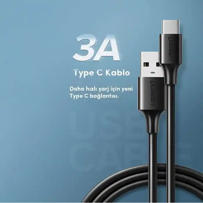 Ugreen USB Type-C Şarj ve Data Kablosu, Siyah, 1.5 Metre