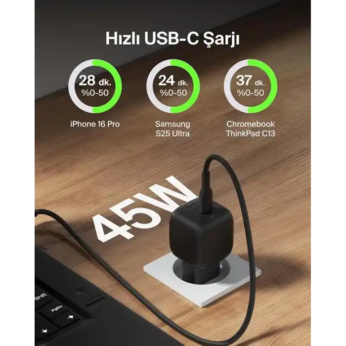 Belkin Kompakt Duvar Şarj Cihazı 45 W, Apple iPhone 17, 16 and 15 Serisi, Samsung Galaxy S25, iPad, AirPods ve Daha Fazlası için USB-C Güç İletimli Hızlı Şarj, Siyah