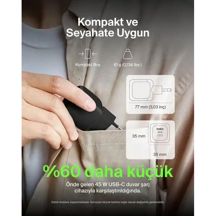 Belkin Kompakt Duvar Şarj Cihazı 45 W, Apple iPhone 17, 16 and 15 Serisi, Samsung Galaxy S25, iPad, AirPods ve Daha Fazlası için USB-C Güç İletimli Hızlı Şarj, Siyah