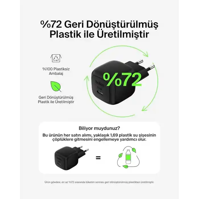 Belkin Kompakt Duvar Şarj Cihazı 45 W, Apple iPhone 17, 16 and 15 Serisi, Samsung Galaxy S25, iPad, AirPods ve Daha Fazlası için USB-C Güç İletimli Hızlı Şarj, Siyah