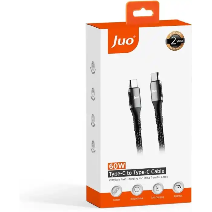 Juo 60W USB Type-C to Type-C Örgülü PD Hızlı Şarj ve Data Kablosu 2 Metre