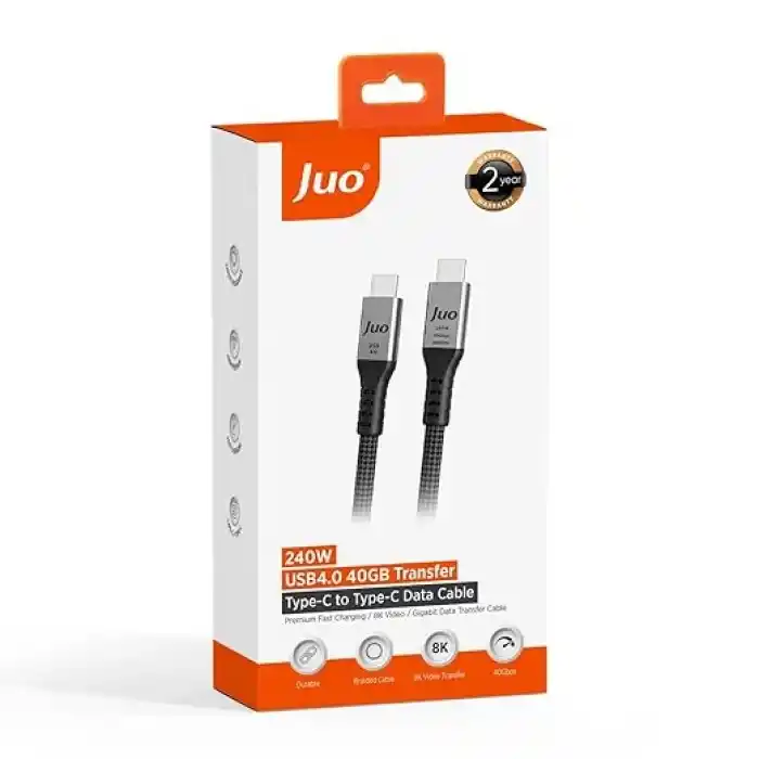 Juo USB 4.0 240W 40Gbps Thunderbolt 4 8K 60Hz USB-C Görüntü Aktarım ve Type-C Hızlı Şarj ve Data Kablosu 2 Metre