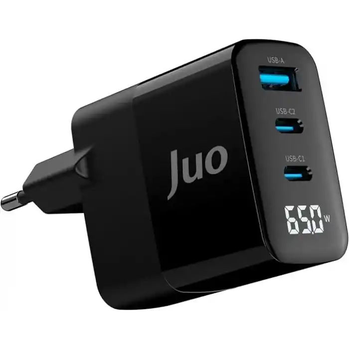Juo 65W GaN Led Ekranlı Hızlı Şarj Cihazı 2 Type-C + USB-A iPhone & iPad & Notebook Uyumlu Şarj Aleti