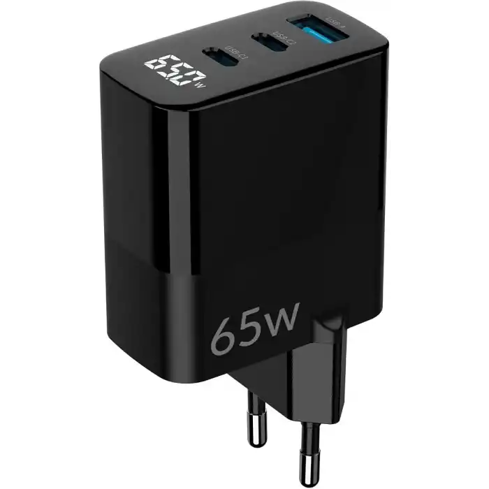 Juo 65W GaN Led Ekranlı Hızlı Şarj Cihazı 2 Type-C + USB-A iPhone & iPad & Notebook Uyumlu Şarj Aleti