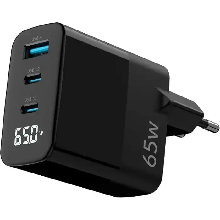Juo 65W GaN Led Ekranlı Hızlı Şarj Cihazı 2 Type-C + USB-A iPhone & iPad & Notebook Uyumlu Şarj Aleti