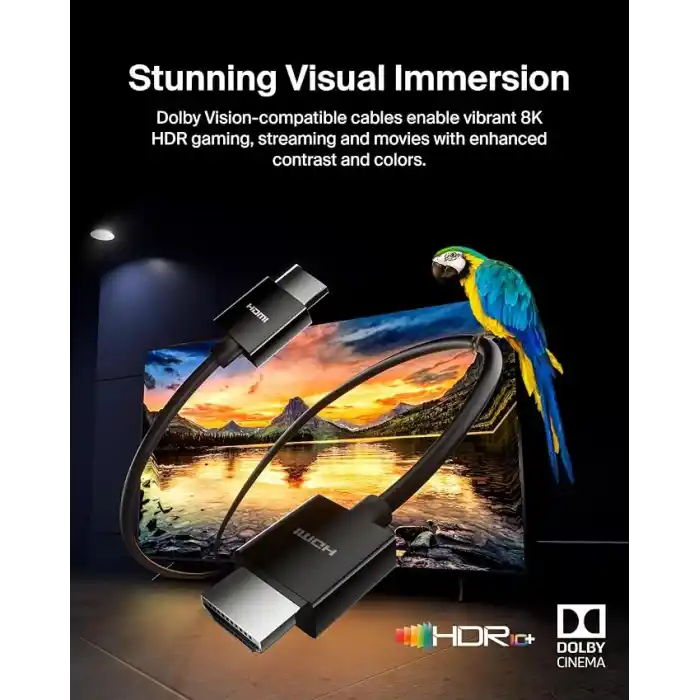 Belkin Yüksek kaliteli Ultra Highspeed HDMI-2.1 kablo, 4K/Dolby Vision HDR, Apple TVden optimum oynatma, 2,2 m – siyah