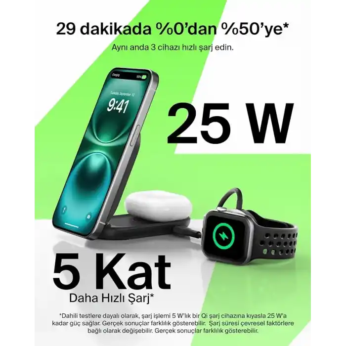 Belkin UltraCharge MagSafe Uyumlu 2’si 1 Arada Qi2 25W Kablosuz Şarj İstasyonu, iPhone 16, AirPods, Pixelsnap, Dönüştürülebilir Masaüstü Standı, USB-C Portlu, 45W Adaptör, Siyah