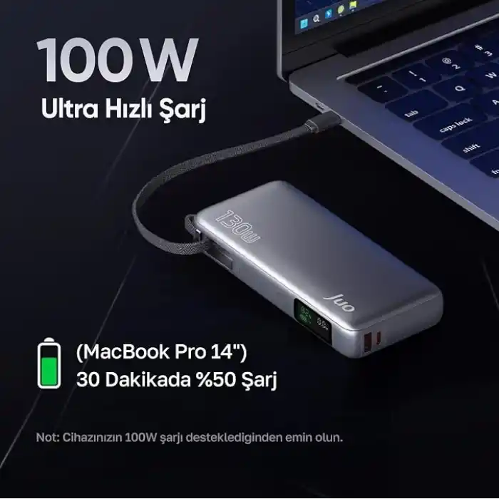 Juo 20000mAh 130W LED Ekranlı USB-A + Type-C Kablolu Powerbank Taşınabilir Hızlı Şarj Cihazı