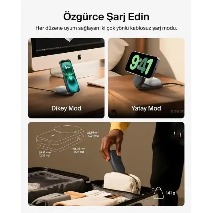 Belkin UltraCharge MagSafe Uyumlu 2’si 1 Arada Qi2 25W Kablosuz Şarj İstasyonu, iPhone 16, AirPods, Pixelsnap, Dönüştürülebilir Masaüstü Standı, USB-C Portlu, 45W Adaptör, Siyah