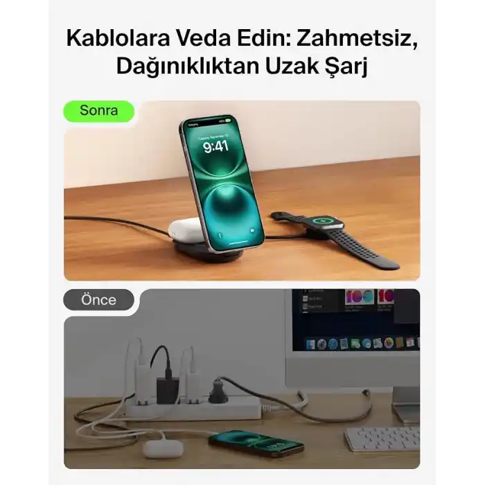 Belkin UltraCharge MagSafe Uyumlu 2’si 1 Arada Qi2 25W Kablosuz Şarj İstasyonu, iPhone 16, AirPods, Pixelsnap, Dönüştürülebilir Masaüstü Standı, USB-C Portlu, 45W Adaptör, Siyah