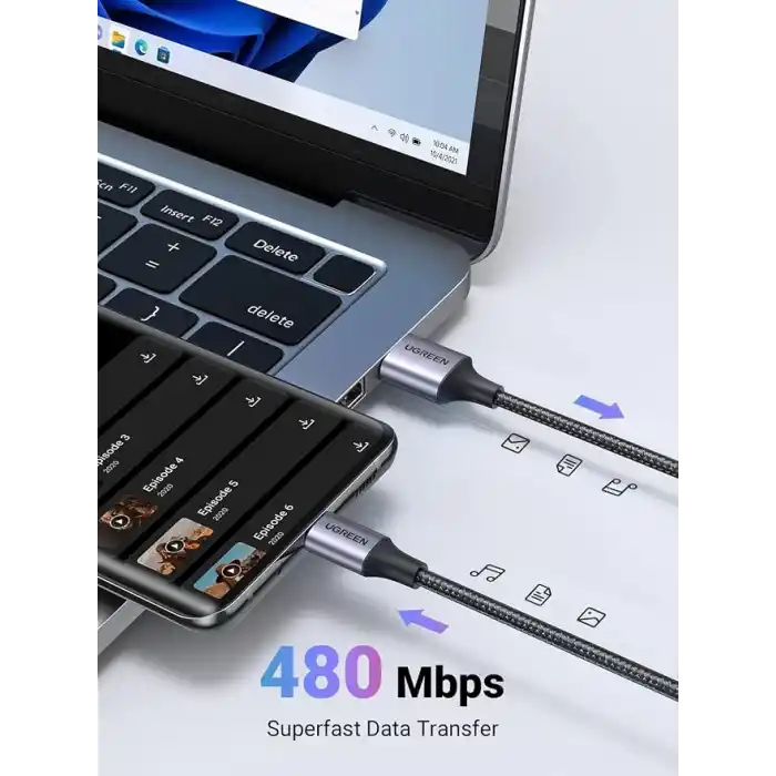 UGREEN 2.0 A USB-A & USB-C Örgülü Şarj ve Data Kablosu, 25 Santimetre, Siyah, 60124