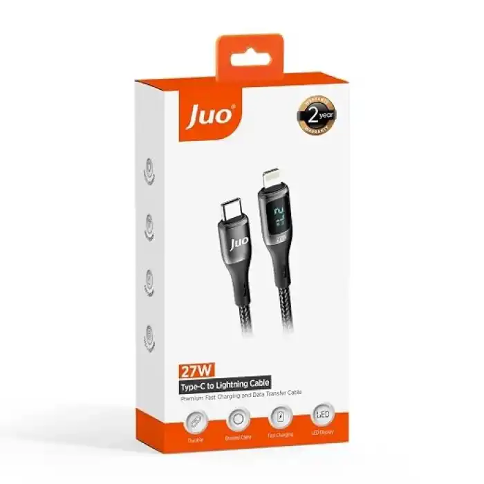 Juo 27W Dijital Led Ekranlı USB Type-C to Lightning iPhone iPad Hızlı Şarj ve Data Kablosu 1 Metre