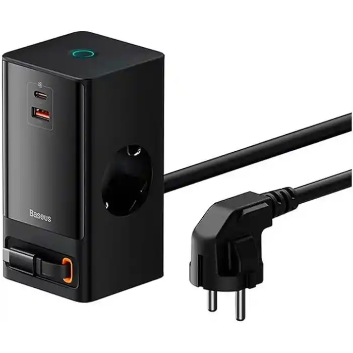 OS-Baseus PowerCombo Dijital Priz 2AC+1U+1C+Geri Çekilebilir-C 65W 1.5m Güç Kablosu ile AB Siyah