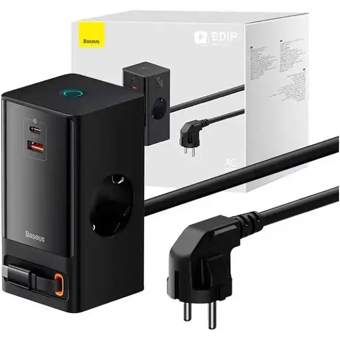 OS-Baseus PowerCombo Dijital Priz 2AC+1U+1C+Geri Çekilebilir-C 65W 1.5m Güç Kablosu ile AB Siyah