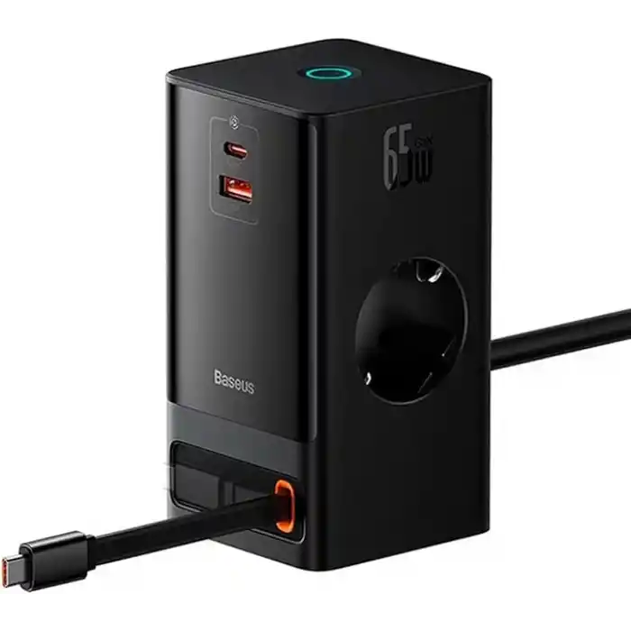 OS-Baseus PowerCombo Dijital Priz 2AC+1U+1C+Geri Çekilebilir-C 65W 1.5m Güç Kablosu ile AB Siyah