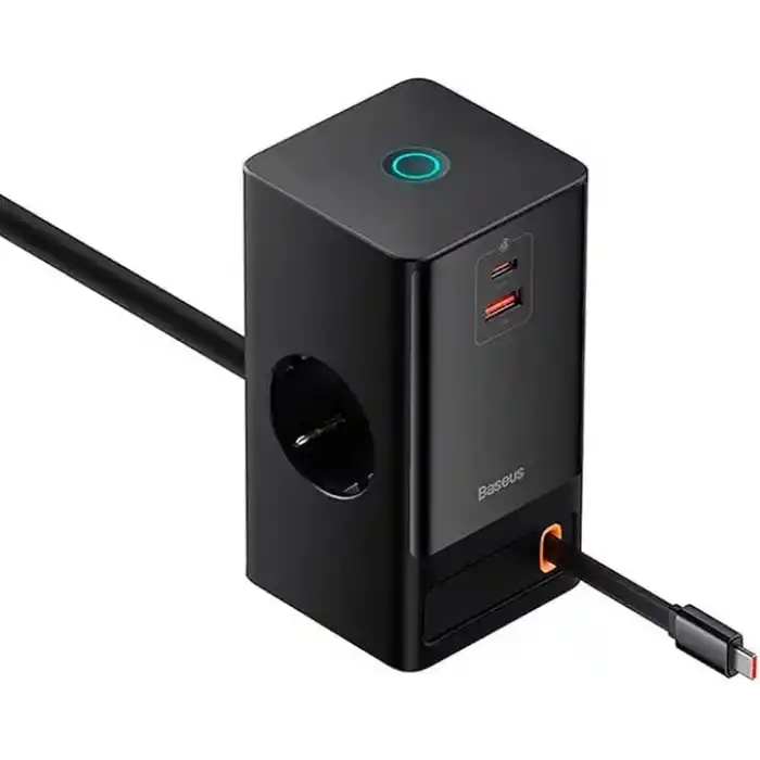 OS-Baseus PowerCombo Dijital Priz 2AC+1U+1C+Geri Çekilebilir-C 65W 1.5m Güç Kablosu ile AB Siyah