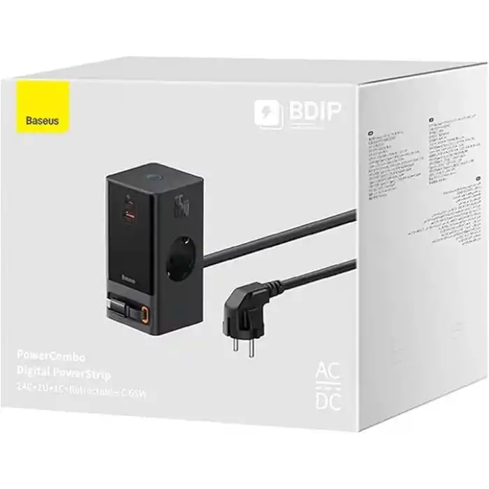 OS-Baseus PowerCombo Dijital Priz 2AC+1U+1C+Geri Çekilebilir-C 65W 1.5m Güç Kablosu ile AB Siyah