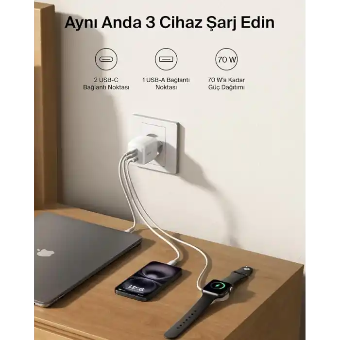Belkin 3 Bağlantı Noktalı USB-C Şarj Cihazı, 70 W, 2x USB-C ve 1x USB-A GaN Duvar Tipi, ABD/İngiltere/AB Fişleri, MacBook, iPhone, iPad Pro, Samsung Galaxy, Google Pixel vb. için Hızlı Şarj - Beyaz