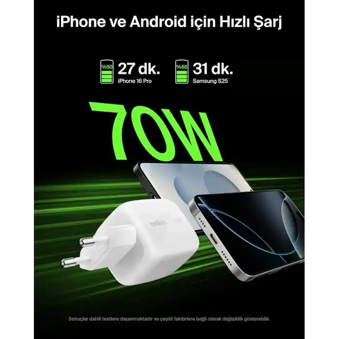 Belkin 3 Bağlantı Noktalı USB-C Şarj Cihazı, 70 W, 2x USB-C ve 1x USB-A GaN Duvar Tipi, ABD/İngiltere/AB Fişleri, MacBook, iPhone, iPad Pro, Samsung Galaxy, Google Pixel vb. için Hızlı Şarj - Beyaz