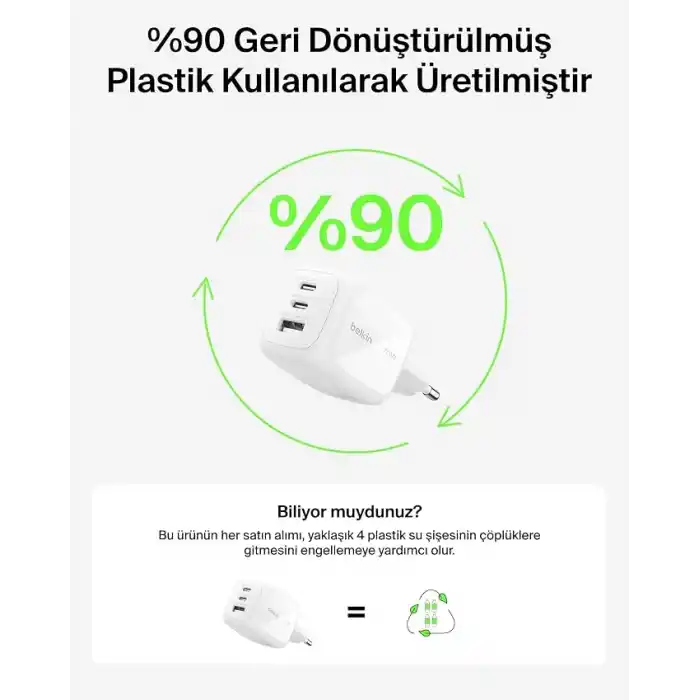 Belkin 3 Bağlantı Noktalı USB-C Şarj Cihazı, 70 W, 2x USB-C ve 1x USB-A GaN Duvar Tipi, ABD/İngiltere/AB Fişleri, MacBook, iPhone, iPad Pro, Samsung Galaxy, Google Pixel vb. için Hızlı Şarj - Beyaz