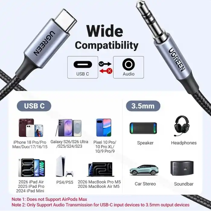 UGREEN USB C Aux Kablosu 3.3FT DAC Tip C - 3,5 mm Kulaklık Ses Adaptörü Hi-Fi Stereo Erkek Araba Yardımcı iPhone 17 Pro Max 16 Pro 15 Galaxy S25 S24 Ultra A56 iPad Pixel 10/9 (1M) ile Uyumlu