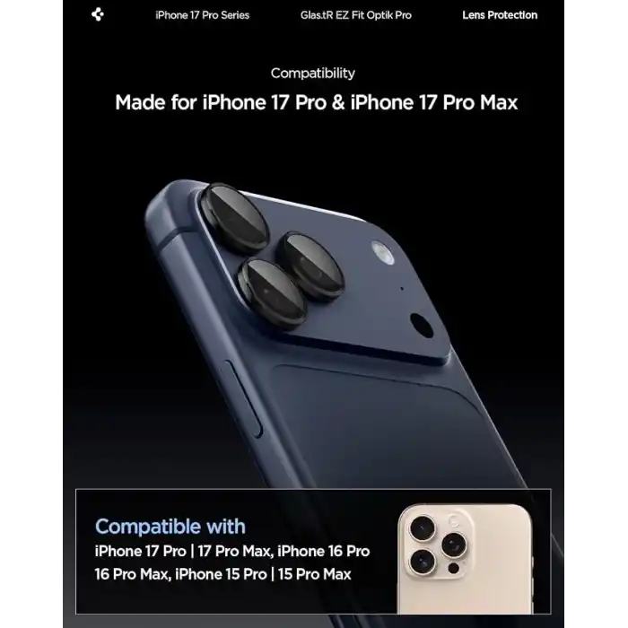 Spigen iPhone 17 Pro/Pro Max / 16 Pro/16 Pro Max / 15 Pro/15 Pro Max ile Uyumlu Kamera Lens Koruyucu Cam Kolay Kurulum Glas.tR EZ Fit Optik Pro (2 Adet) Black - AGL05205