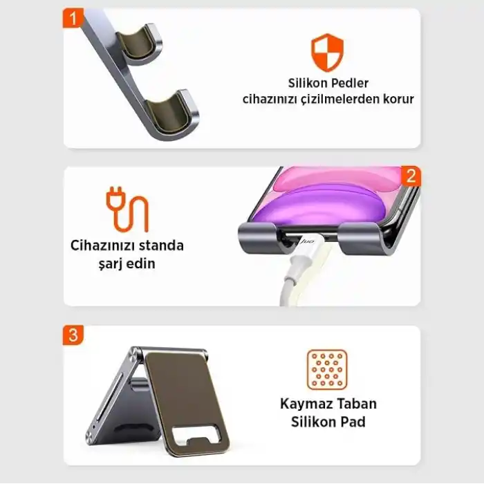 Juo Alüminyum Katlanabilir Metal Masaüstü Telefon Tutucu Standı Gümüş