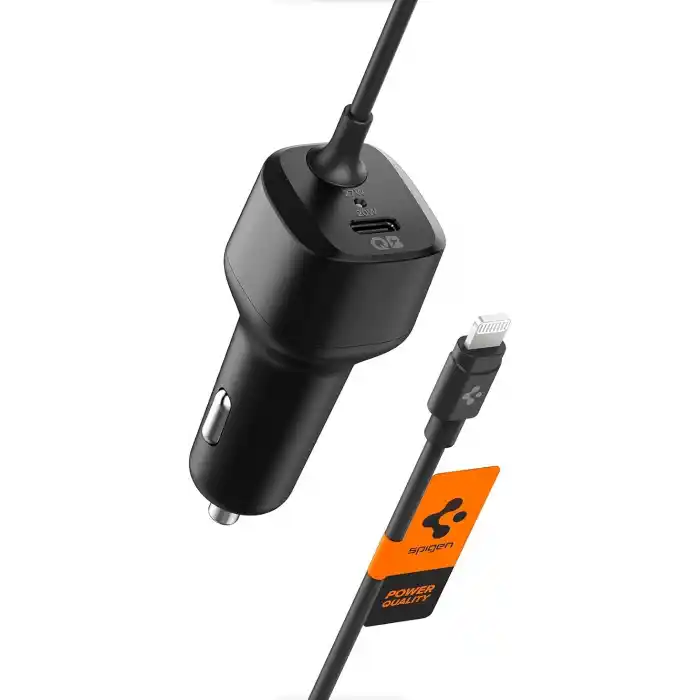Spigen 47W USB-C 2 Port Araç içi Hızlı Şarj Aleti + Lightning Şarj Kablosu Güç Adaptörü Çakmaklık iPhone & iPad Type-C - ACP04205