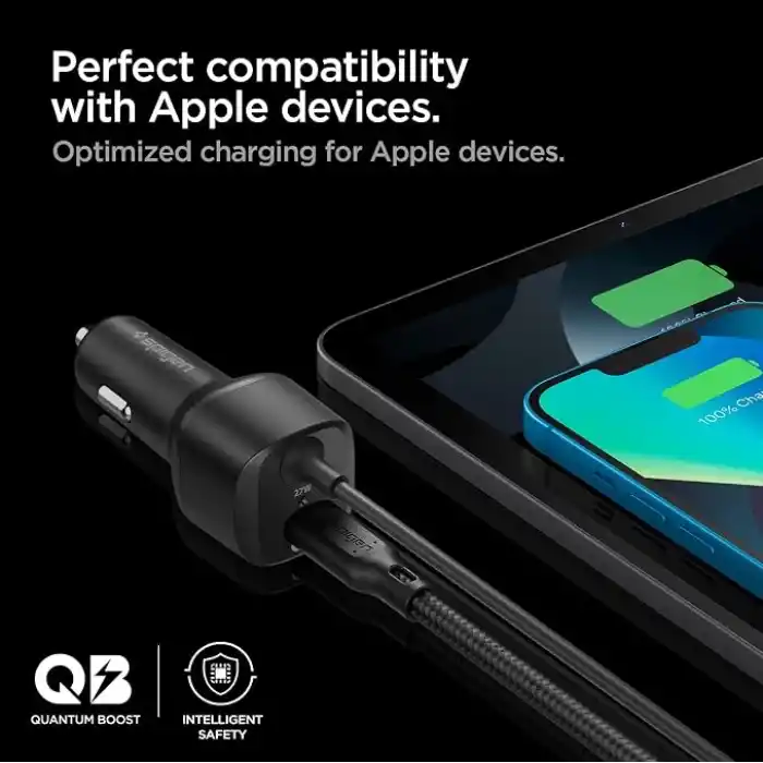 Spigen 47W USB-C 2 Port Araç içi Hızlı Şarj Aleti + Lightning Şarj Kablosu Güç Adaptörü Çakmaklık iPhone & iPad Type-C - ACP04205