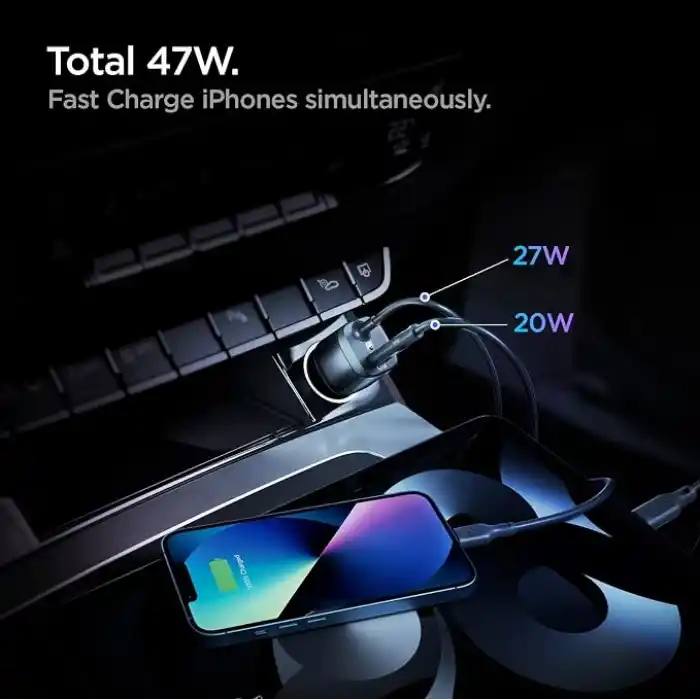 Spigen 47W USB-C 2 Port Araç içi Hızlı Şarj Aleti + Lightning Şarj Kablosu Güç Adaptörü Çakmaklık iPhone & iPad Type-C - ACP04205