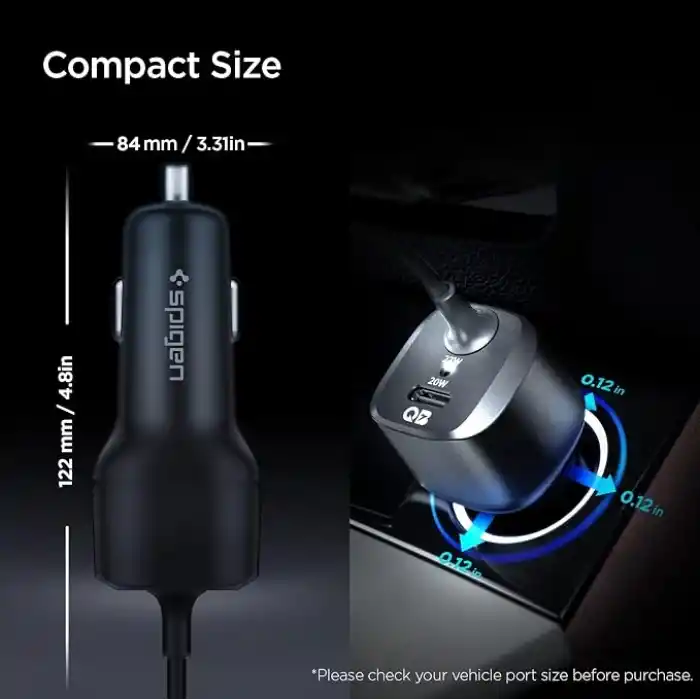 Spigen 47W USB-C 2 Port Araç içi Hızlı Şarj Aleti + Lightning Şarj Kablosu Güç Adaptörü Çakmaklık iPhone & iPad Type-C - ACP04205